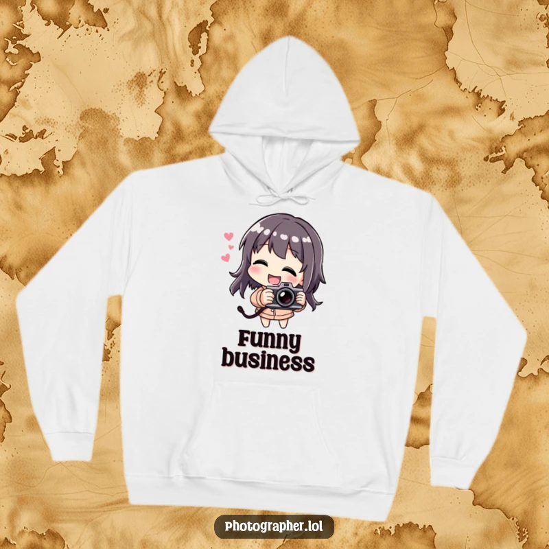 Funny hoodie showing a character laughing while playfully holding a tilted camera, perfect for cozy and humorous wear.