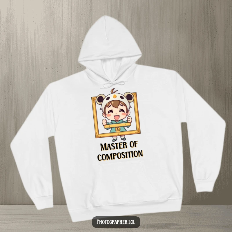 Funny hoodie featuring a proud character beaming while holding a perfectly framed photograph, symbolizing artistic satisfaction and success.