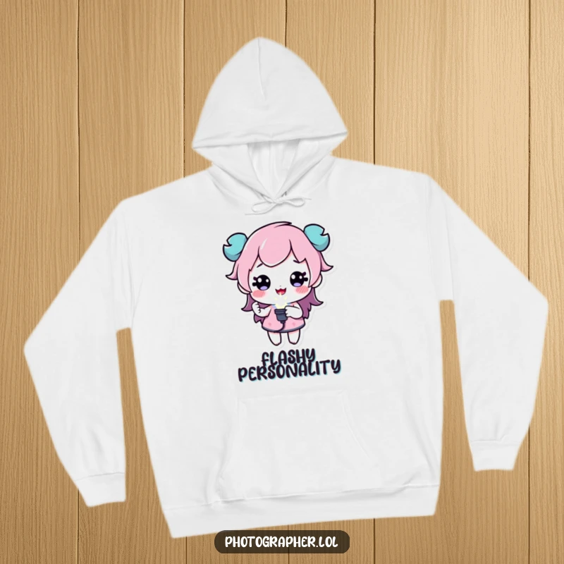 Funny hoodie with a character holding a sparkling flash bulb, inspiring creativity and warmth, a great funny gift.