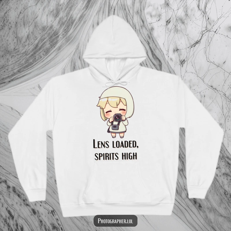 Funny hoodie print of a character excitedly adjusting a camera strap, ready to capture amazing photos.