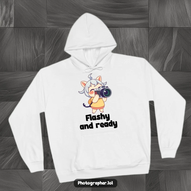 Funny Hoodie depicting a cute character happily holding a large camera with a bright flash, perfect for creatives.