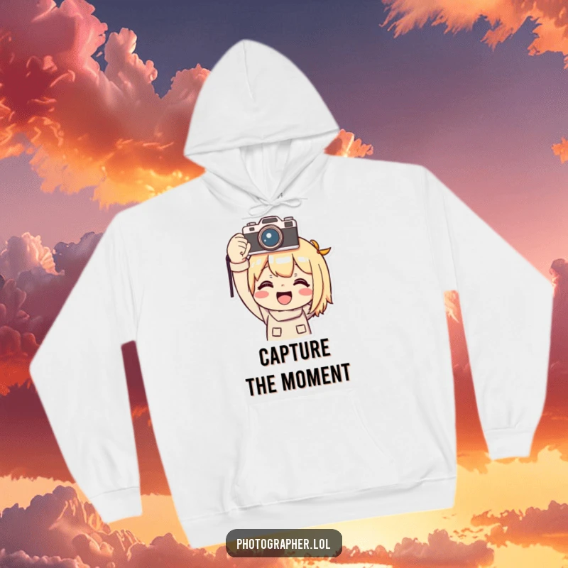 Funny photographer hoodie, a smiling character triumphantly holding a camera overhead, symbolizing warmth and photographic achievement.
