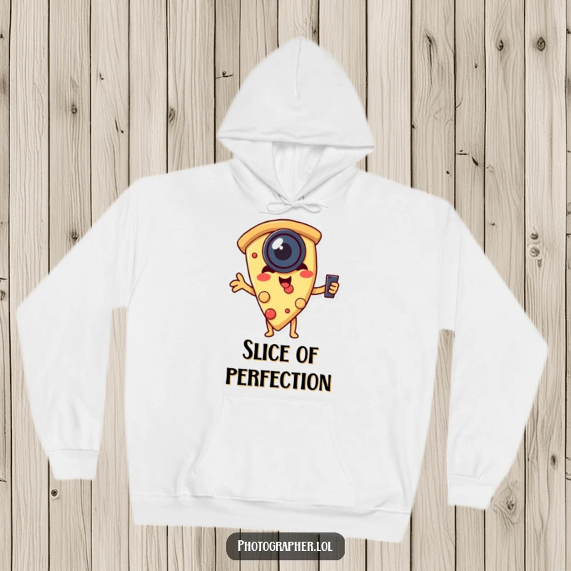 Funny hoodie featuring a pizza slice with a selfie lens, humorously capturing its own cheesy charm in a playful pose.