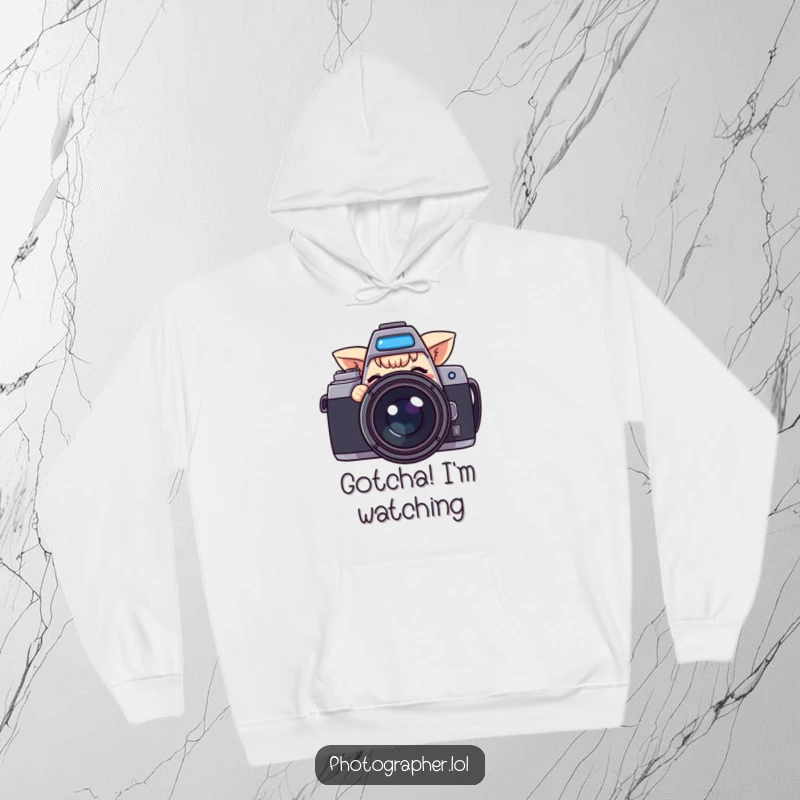 Funny hoodie with a character peeking from behind a large camera, giving a playful wink, perfect for cozy and humorous wear.