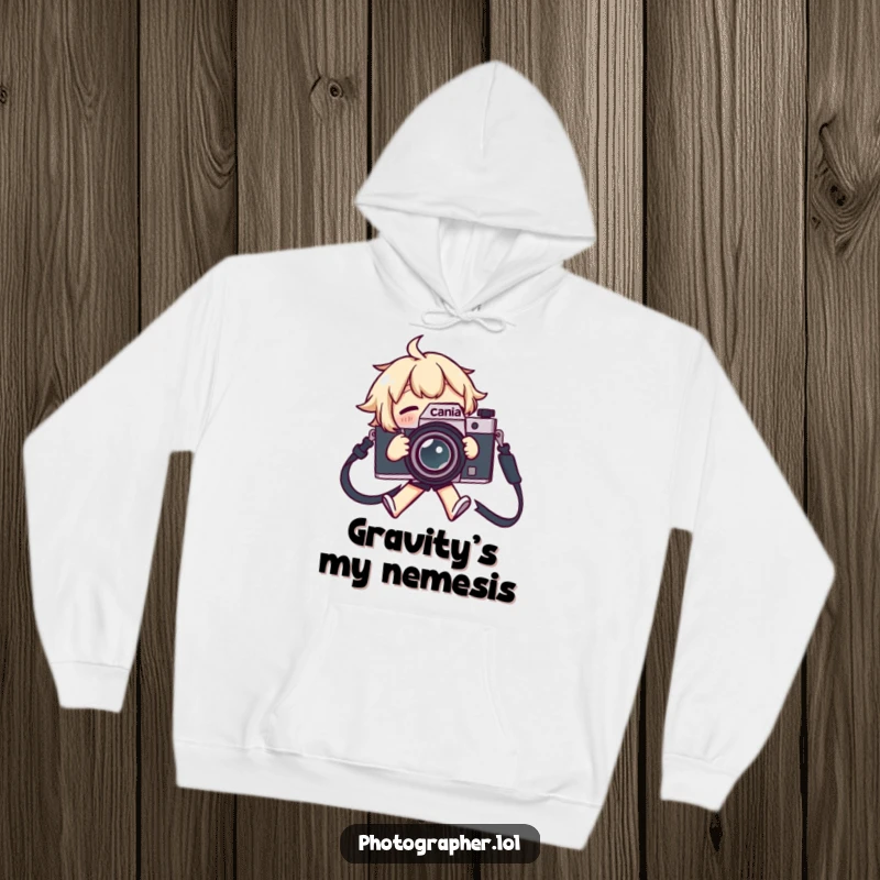 Funny hoodie featuring a character tripping over a camera strap, flailing comically, perfect for photographers.