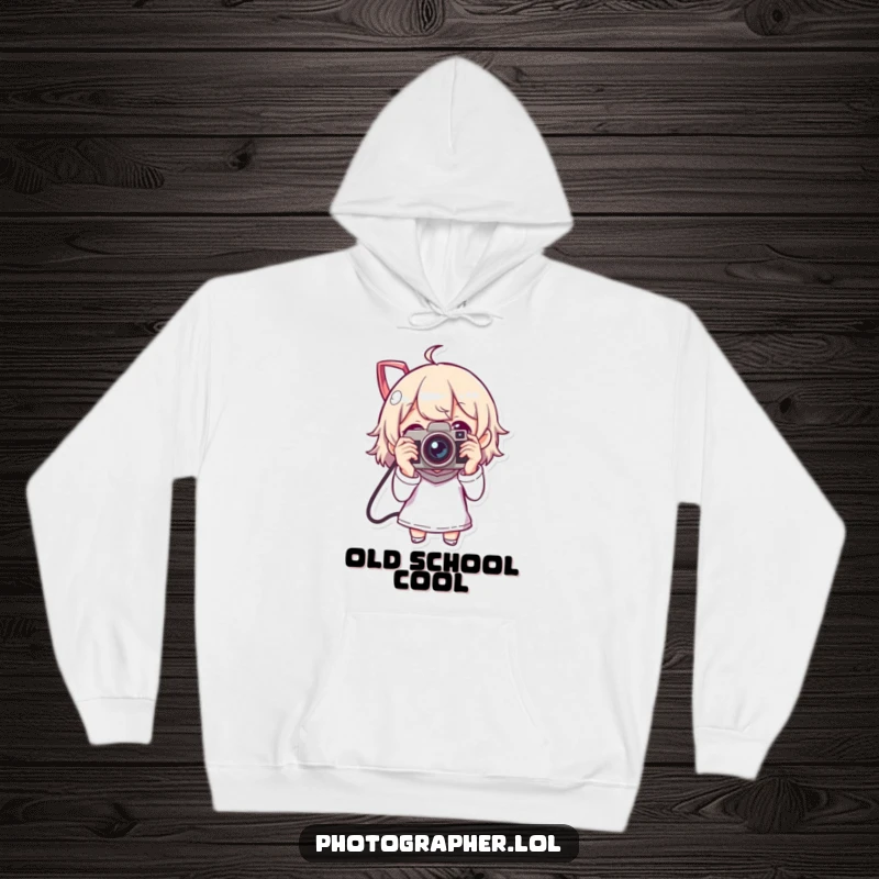 Funny hoodie showing a character with a vintage camera, capturing moments with enthusiastic photography, a great gift.
