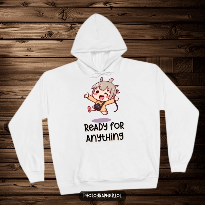 Funny kawaii hoodie depicting an excited character mid-jump with a camera bag, celebrating photography and adventure.