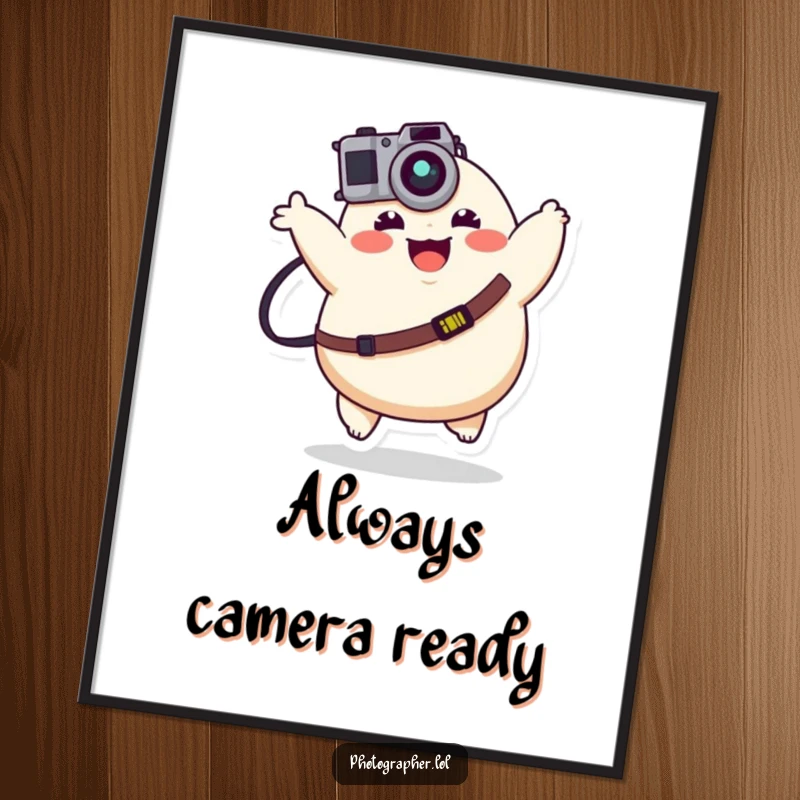 Funny free printable wall art: a joyful, plump character bounces with a camera strap swinging, embodying dynamic energy and photographic passion.