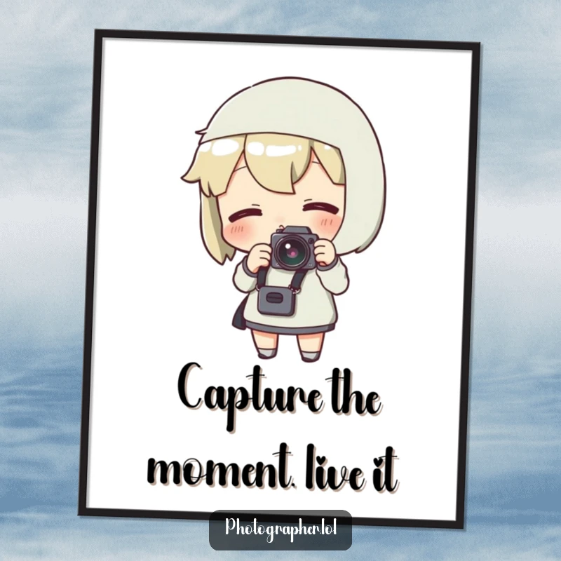 Funny Free Printable Wall Art: A character enthusiastically adjusts their camera strap, looking excited for a photo.