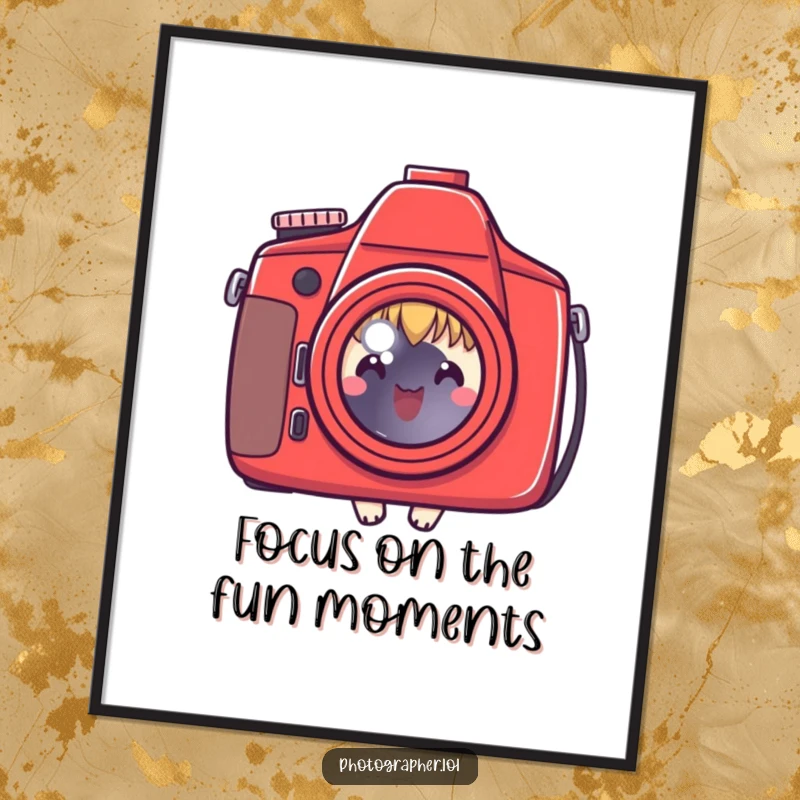 Funny Free Printable Wall Art: A small, innocent character peeking around a large, bright red camera, adding whimsical decor.