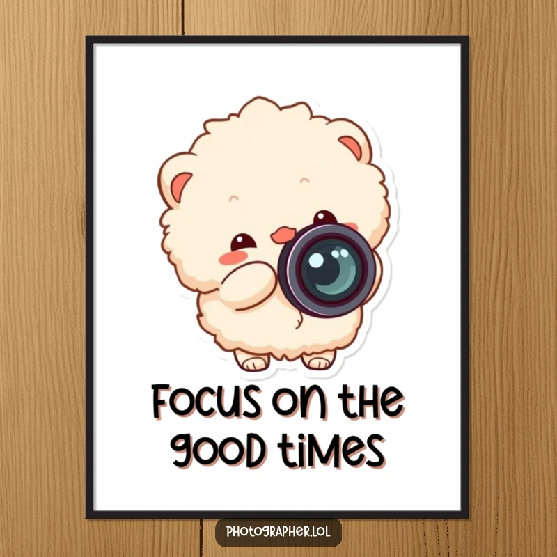 Funny Free Printable Fluffy Wall Art, fluffy character cheerfully snapping camera, lens cap flying, quirky decor, downloadable.