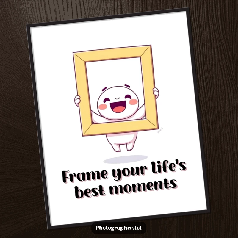 Funny Free Printable Wall Art: A beaming kawaii character joyfully holds a giant, colorful photo frame suspended mid-air, adding vibrant decor.
