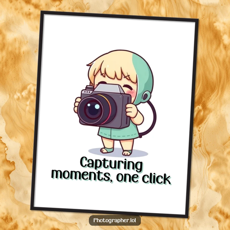 Funny Free Printable Wall Art: Tiny character gleefully snapping a photo with a bulky vintage camera, quirky decor.