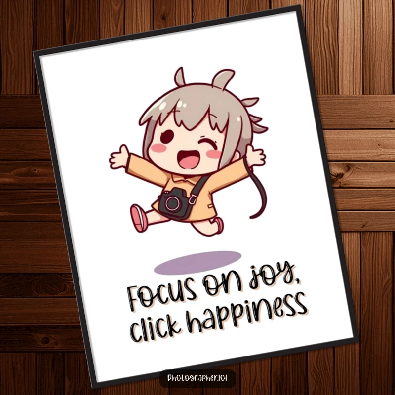 Funny free printable wall art of a kawaii character excitedly jumping, camera bag in hand, celebrating photography.