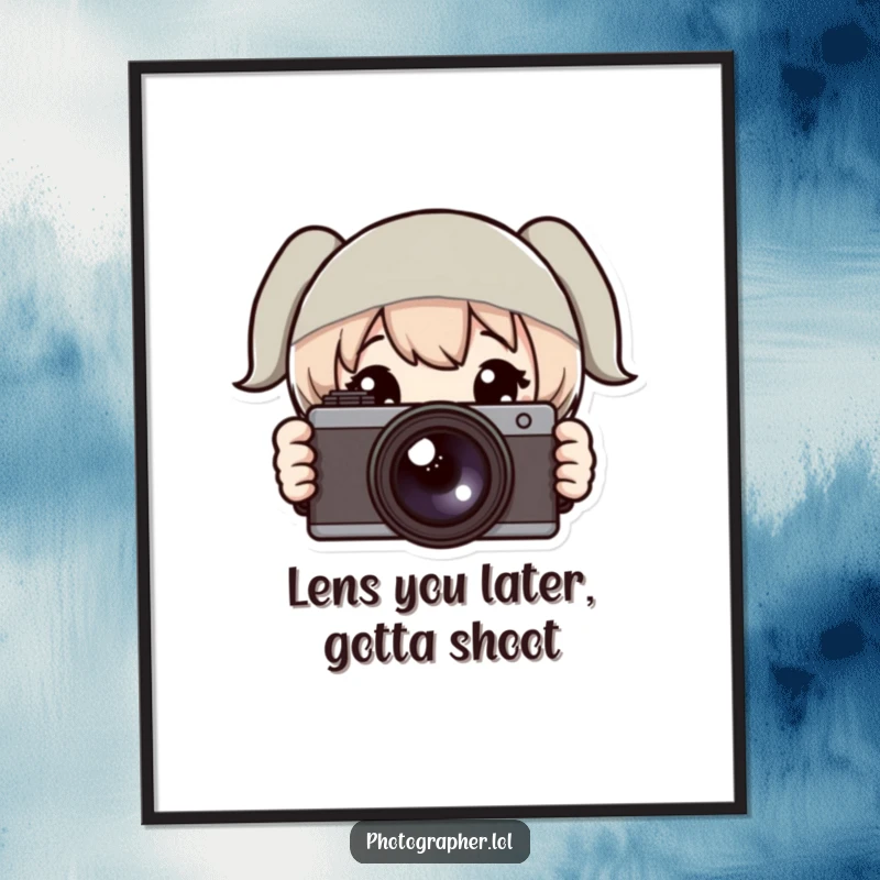 Funny Free Printable Wall Art: A character peeks from behind a camera with wide, curious eyes, perfect for quirky downloadable decor.