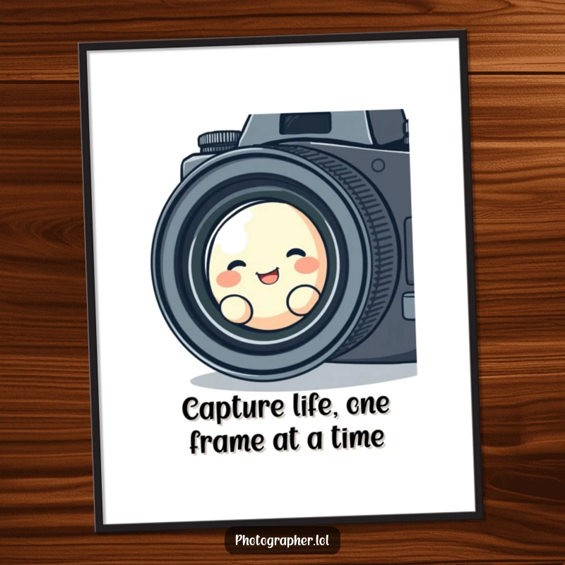 Funny free printable wall art of a cute blob character giggling as it peeks through a vintage camera lens.