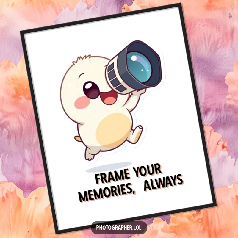 Funny free printable wall art of a tiny, round creature happily leaping and holding a large camera.