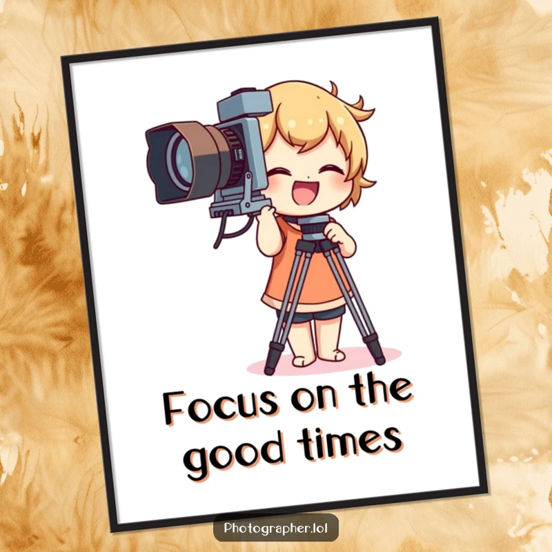 Funny Free Printable Wall Art: A character chuckles while setting up a large, vintage camera tripod, capturing the moment.