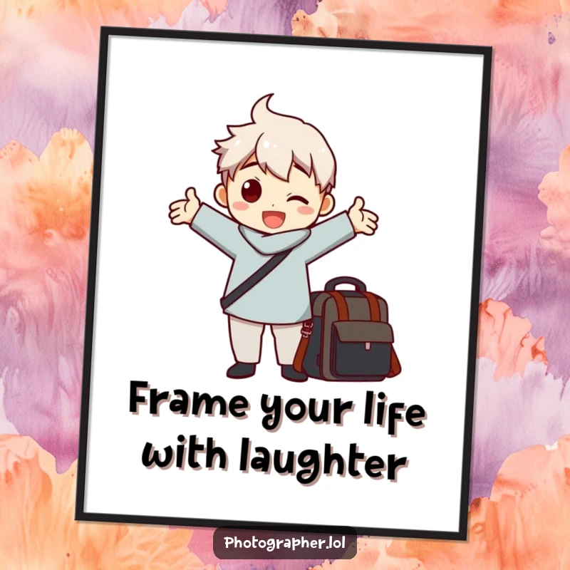 Funny Free Printable Wall Art: A character in a comical pose, arms outstretched, with a camera bag nearby.