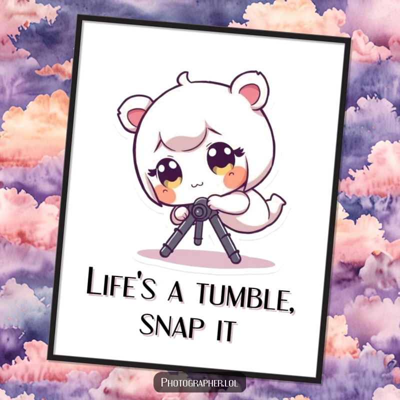 Funny Free Printable Wall Art: Tiny character with wide eyes playfully tumbles with a camera tripod, creating a dynamic and humorous piece of art.