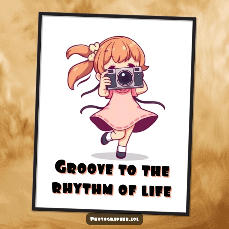 Funny Free Printable Wall Art: Character dancing with vintage camera, mid-twirl, vibrant downloadable decor.