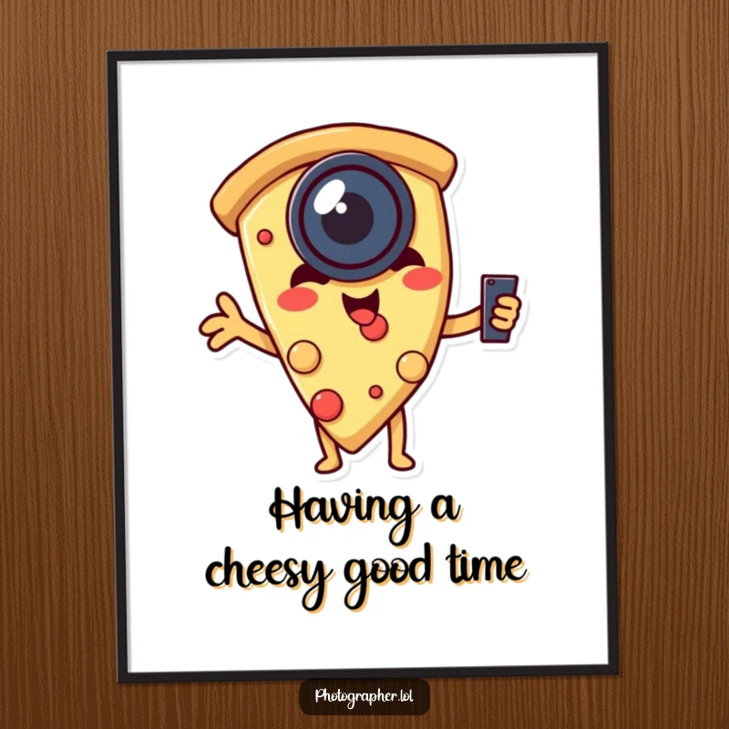 Funny free printable wall art of a playful slice of pizza wearing a camera lens, humorously taking its own candid selfie.