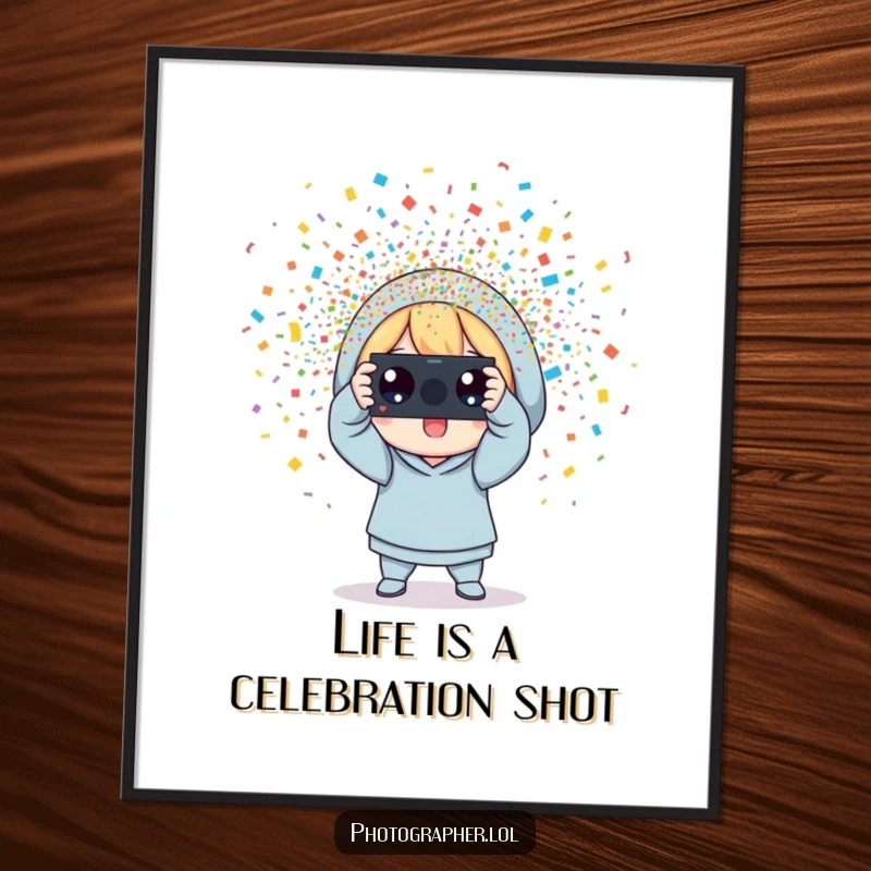 Funny Free Printable Wall Art: Character snaps a photo, with a vibrant shower of colorful confetti erupting.