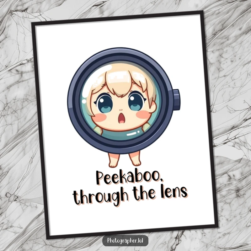 Funny Free Printable Wall Art: Surprised character peeking out from behind a giant lens, adding comical photographic art to your walls.