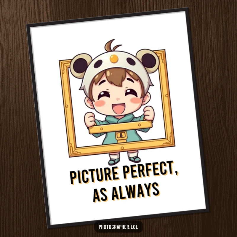 Funny Free Printable wall art: A character beams with pride, holding up a perfectly framed photograph.