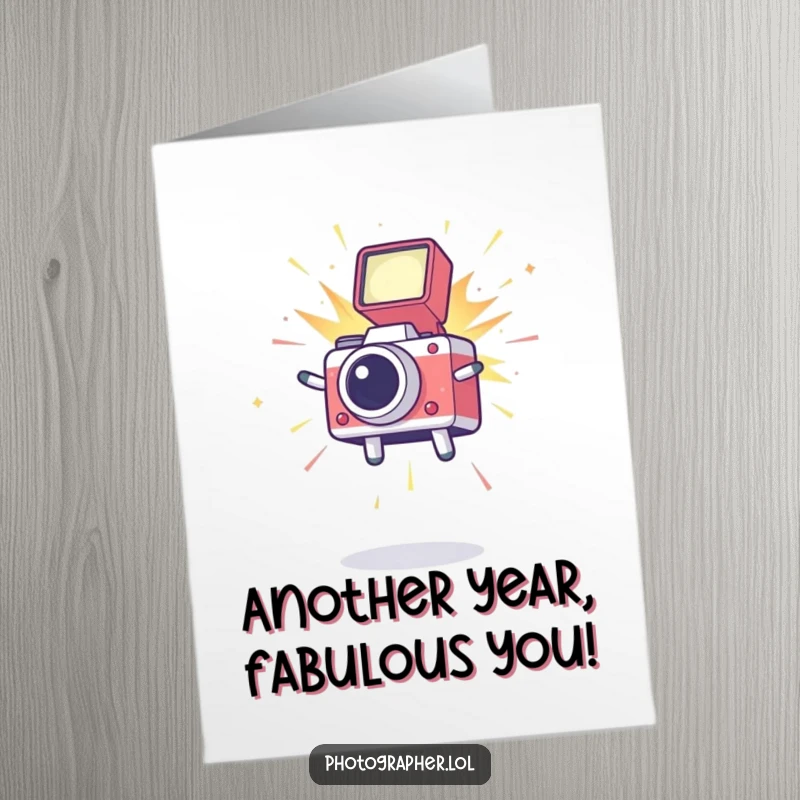 Free Printable Birthday Card: A cute icon leaping high in the air, a camera flash exploding with delight, a happy birthday message.