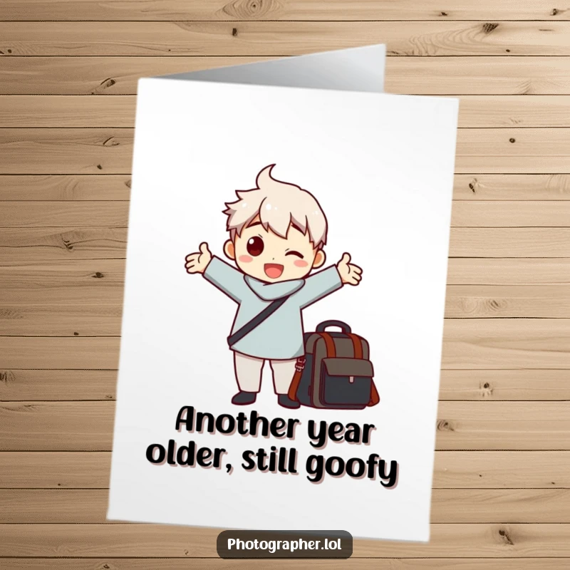 Funny Free Printable Birthday Card: Photographer striking a comical pose with arms wide, camera bag nearby.
