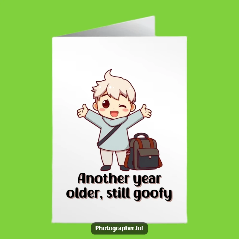 Free Printable Birthday Card: Funny Posing Photographer Character Camera Bag Ready