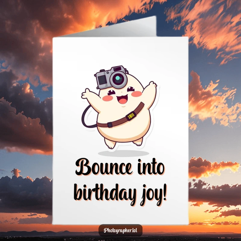 Funny free printable birthday card: a joyful, plump character bounces excitedly with a camera strap swinging, ready to capture birthday fun.