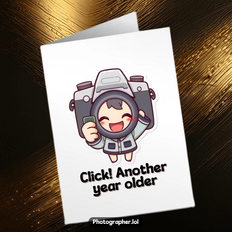 Funny Free Printable birthday card: A character grins while enthusiastically pressing a camera shutter button.