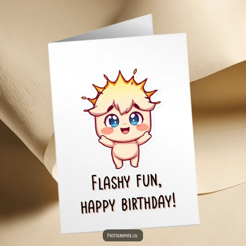 Funny Free Printable Birthday Card: Character's eyes are wide with fun as a flash bulb explodes.