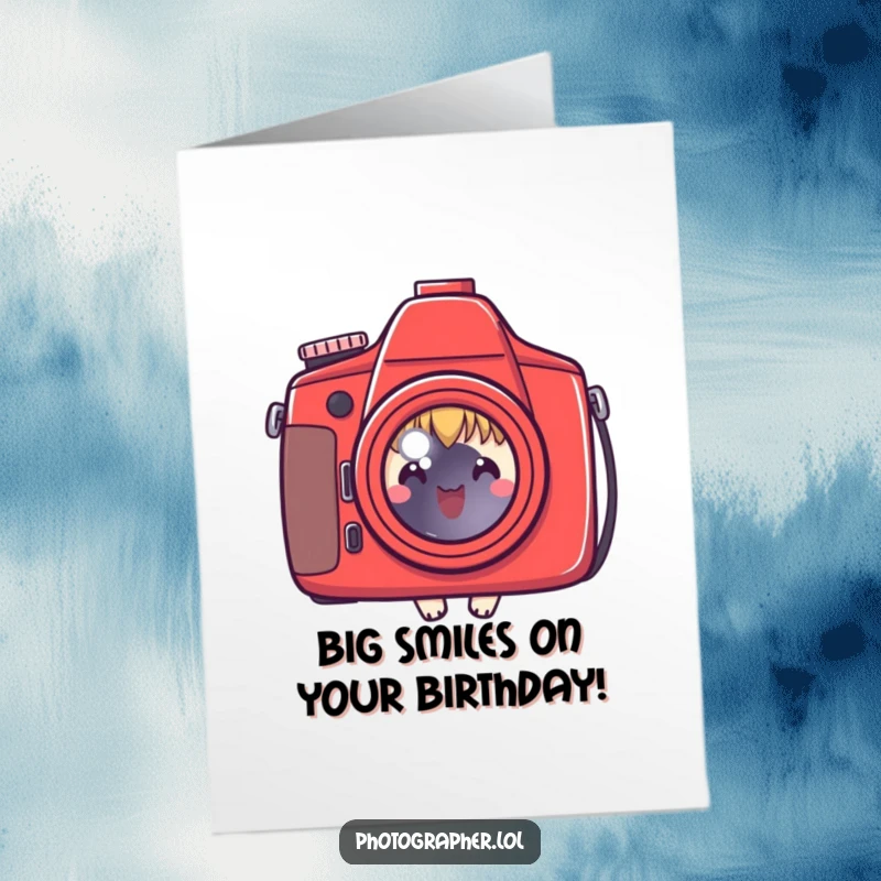 Funny Free Printable Birthday Card: A sweet character peeking curiously from behind a large, bright red camera, ready for fun.