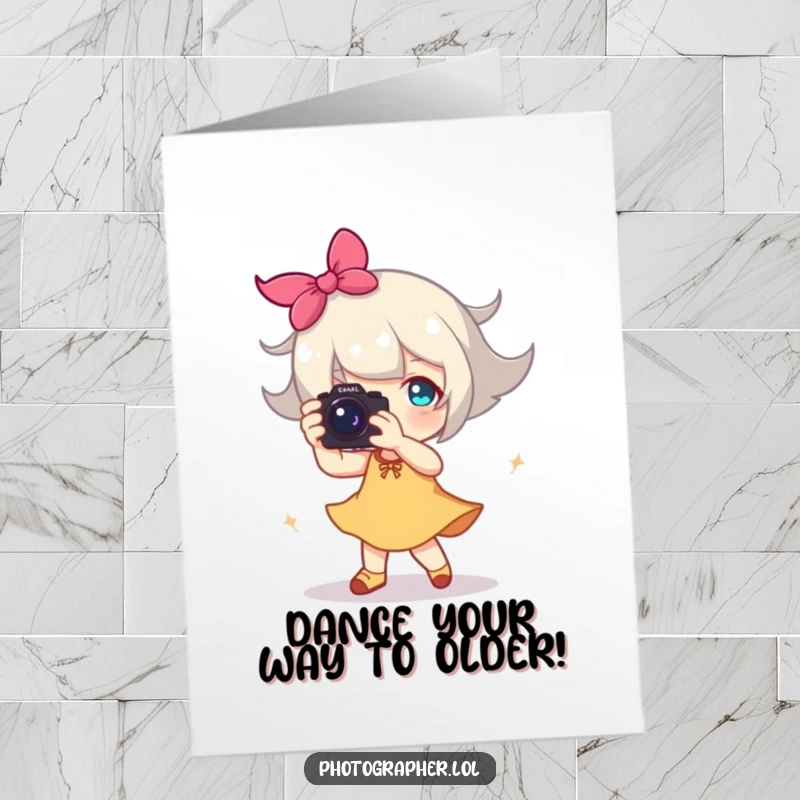 Funny Free Printable Birthday Card: Photographer dancing with a camera, a happy blur of motion for the birthday.