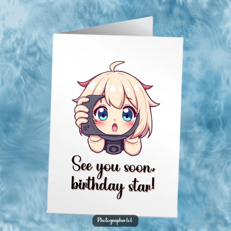 Funny Free Printable Birthday Card: Photographer excitedly peeking through a viewfinder with wide eyes, framing a fun shot.