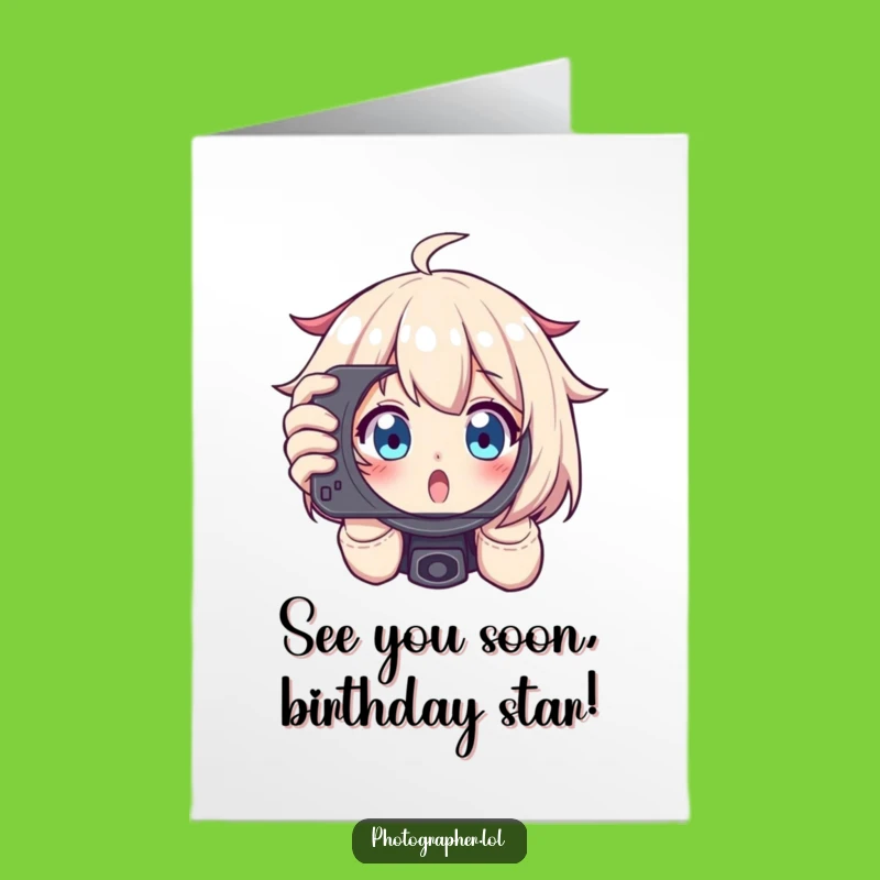 Free Printable Birthday Card: Excited Photographer Character Wide Eyes Viewfinder Shot