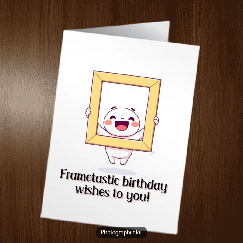 Funny Free Printable Birthday Card: Kawaii character beaming with joy, holding a huge colorful photo frame mid-air, ready for birthday wishes.