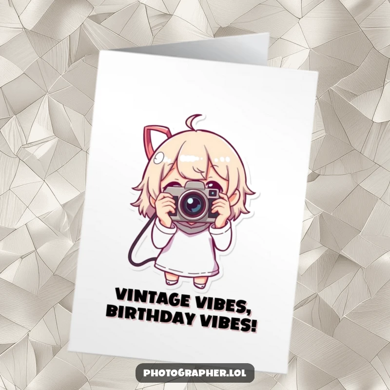 Funny free printable birthday card with a man taking a photo with a retro camera, capturing a joyful moment.