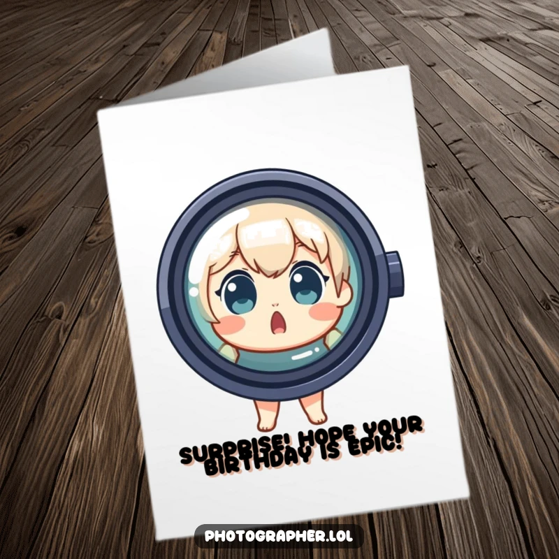 Funny Free Printable Birthday Card: Surprised character peeking out from behind a giant lens, ready to celebrate birthdays.