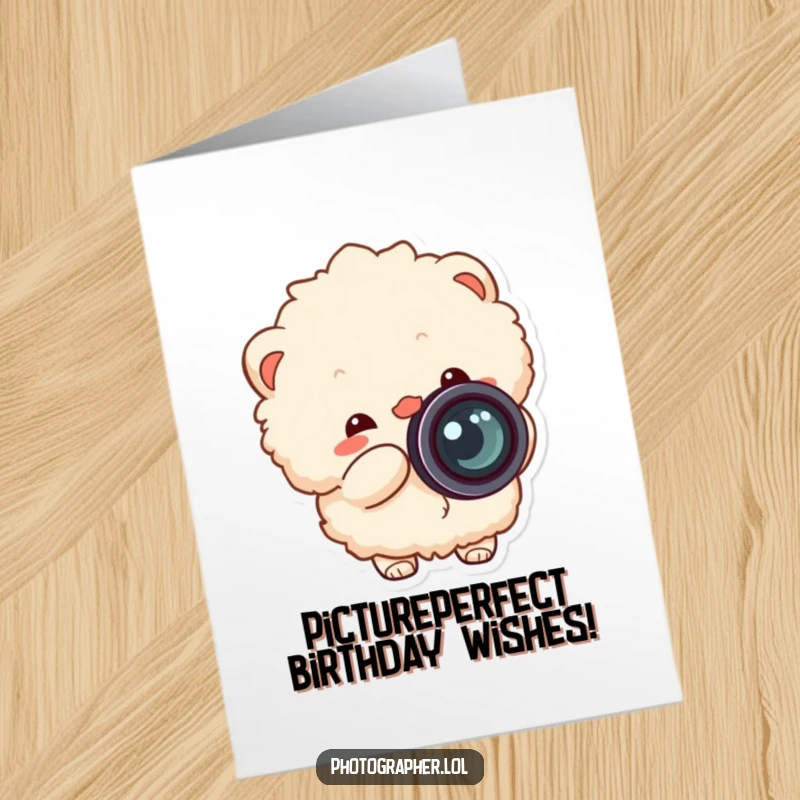 Funny Free Printable Fluffy Birthday Card, fluffy character snapping camera, lens cap flying, birthday celebration, downloadable.
