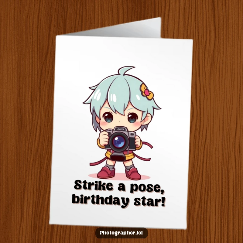 Funny Free Printable Birthday Card: Character striking a dramatic pose, holding a camera like a prestigious trophy.