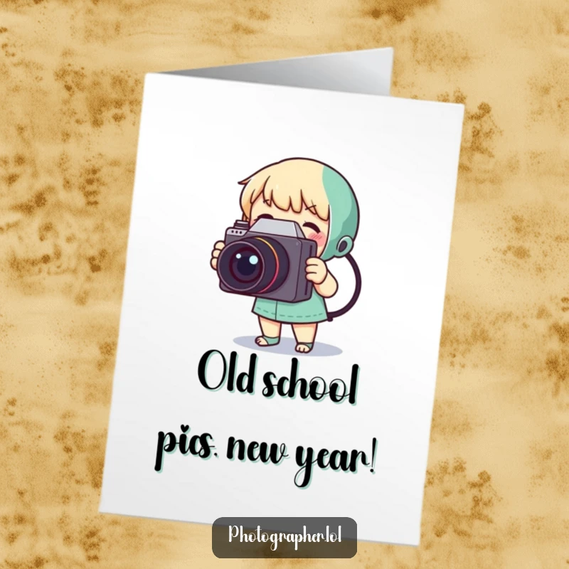 Funny Free Printable Birthday Card featuring a tiny character gleefully snapping a photo with a big vintage camera.