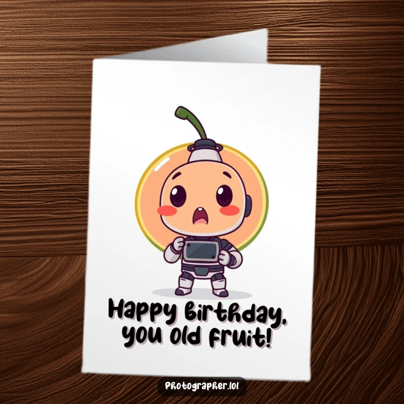 Funny free printable birthday card: a surprised fruit item is caught off guard by a tiny robot with a camera.