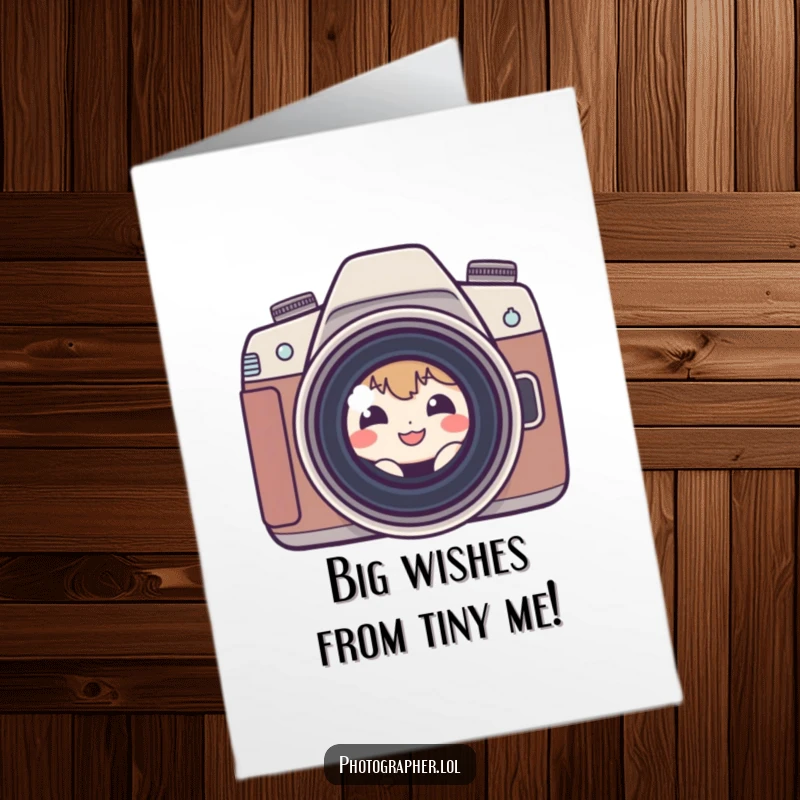 Funny Free Printable Birthday Card: Shy character peeking from camera lens, grinning, perfect downloadable gift.
