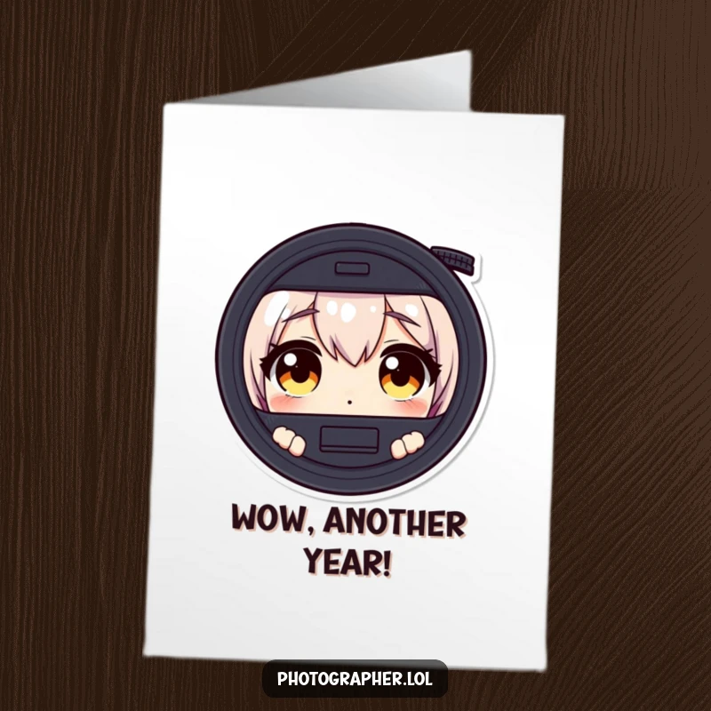 Funny free printable birthday card showing a character with wide, shocked eyes peering intensely through a camera viewfinder.