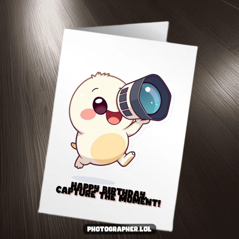 Funny free printable birthday card of a tiny, round creature happily leaping while aiming a large camera.