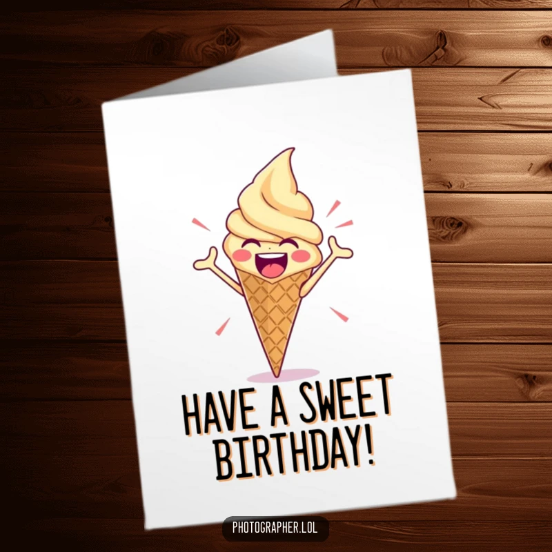 Funny free printable birthday card featuring an enthusiastic ice cream cone striking a hilariously dramatic and confident pose.